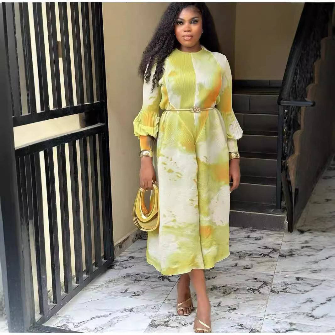 Elegant Design Printed Long Sleeve Cinched Plus Size Dress - Clothing Personality