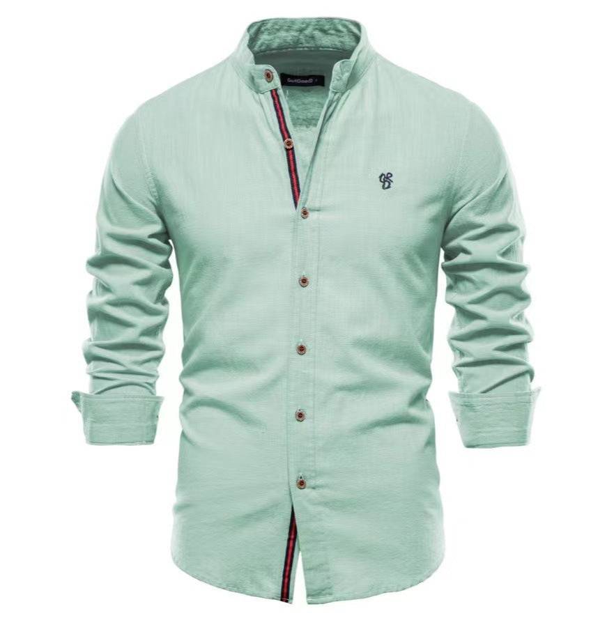 Men's Cotton And Linen Casual Fashion Solid Color Long Sleeve Henley Shirt - Clothing Personality