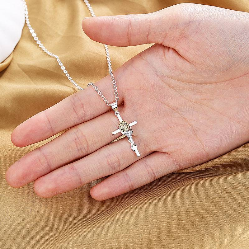 Cross Gold And Silver Two-color Sunflower Flower Hanging Women's Pendant Necklace - Clothing Personality