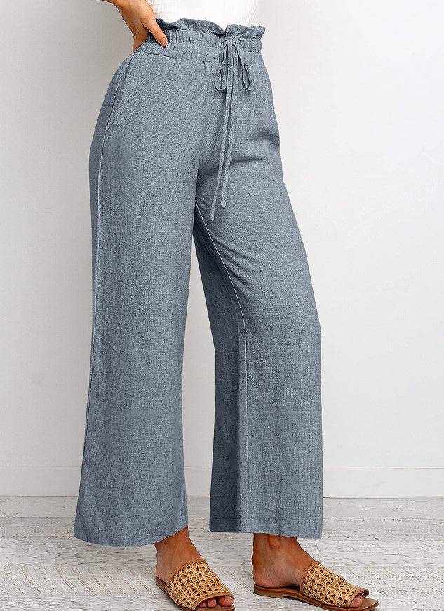 Elastic Waistband Lace-up Wide Leg Pants Solid Color Cropped Pants - Clothing Personality