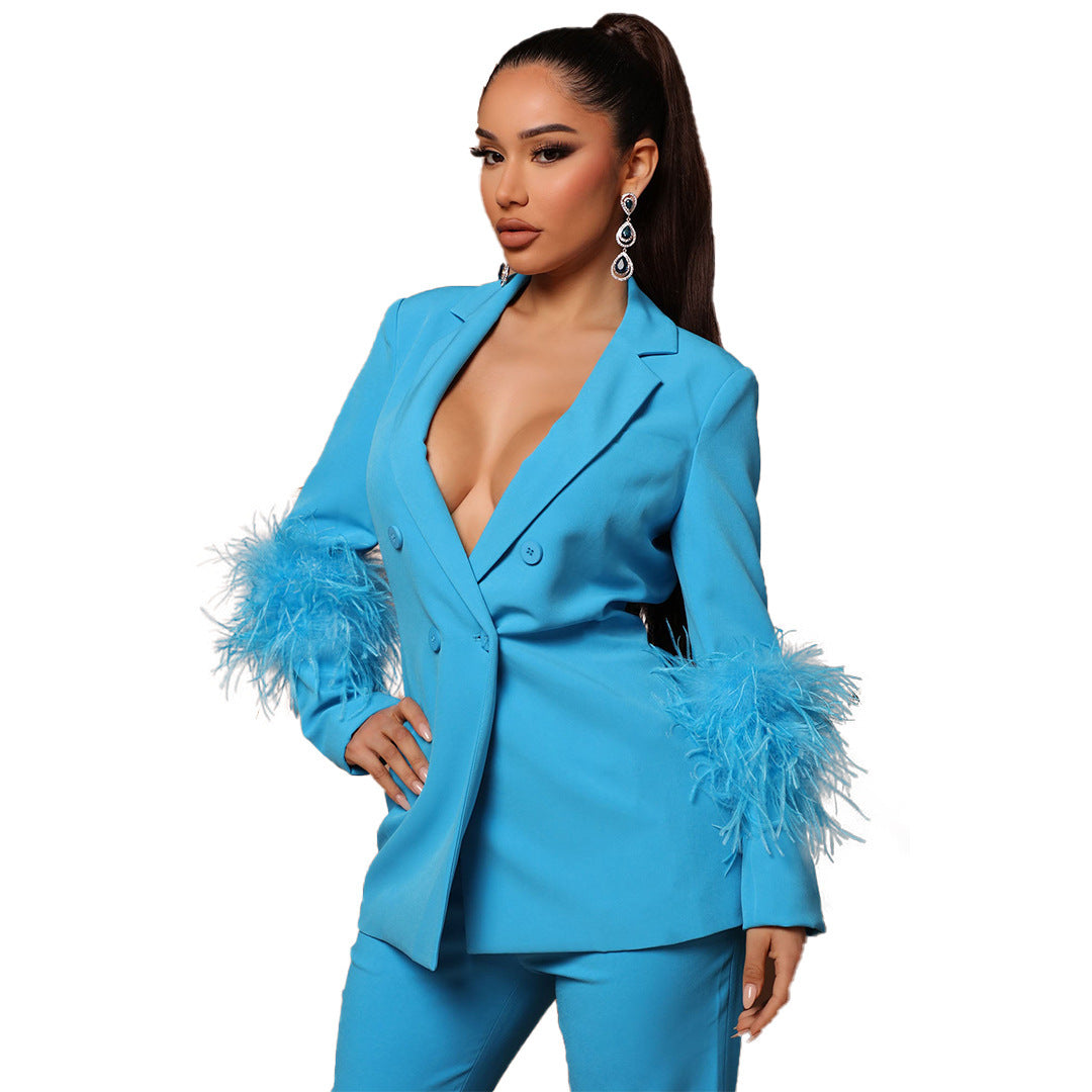 Women's Ostrich Fur Two-piece Lapel Pants Suit - Clothing Personality