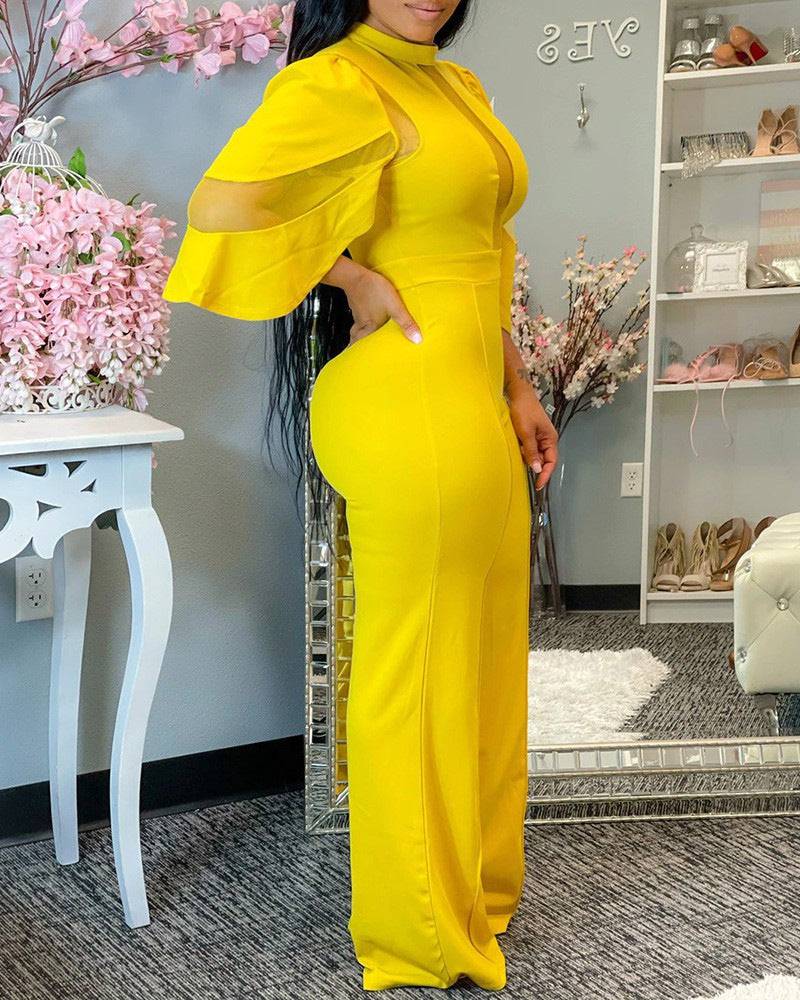 Women's Cutout Half Sleeve Classic Solid Color Slant Collar Buttoned One-piece Jumpsuit Wide-leg Pants - Clothing Personality