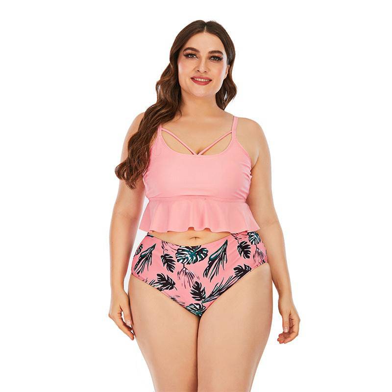 Swimsuit Women's Triangle High Waist Printed Solid Color Tankini Swimsuit - Clothing Personality