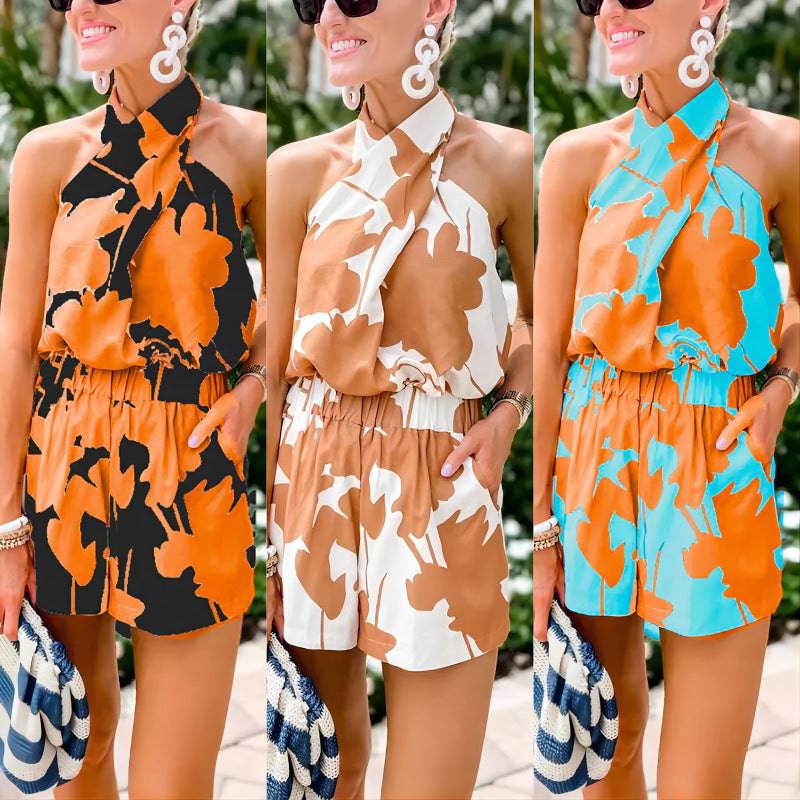 Printed Lace Up Backless Top Pocket Shorts Two-piece Shorts Set Suit For Women - Clothing Personality