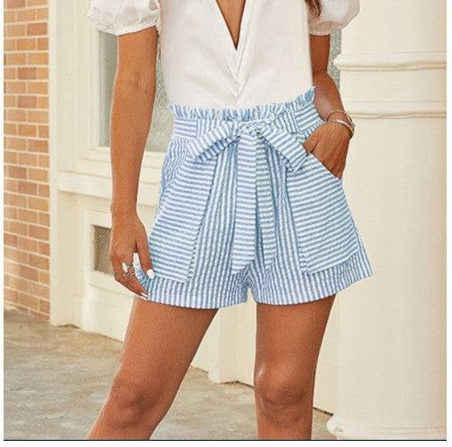 Women's Belted Loose Fit Striped Casual Shorts For Women - Clothing Personality