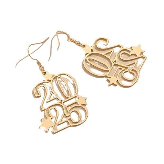 New Women's Golden New Year 2025 Date Number 2025 Dangle Earrings For Women Fashion Jewelry New Year Earring For Party - Clothing Personality