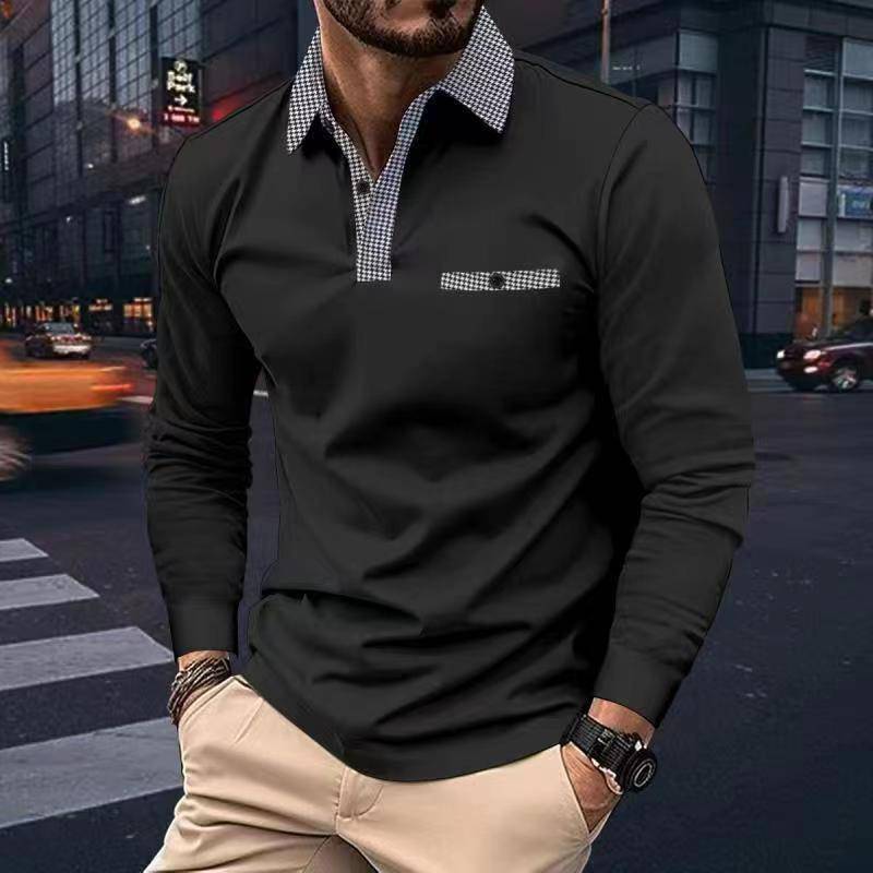 Leisure Plaid Lapel Polo Shirt Fashion Solid Color Long Sleeve Tops Men's Clothing - Clothing Personality