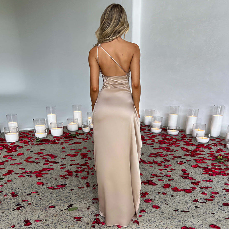 Sexy One-Shoulder Backless Slit Dress Summer Elegant Slim-fit Solid Color Satin Dresses For Women Back view - Clothing Personality