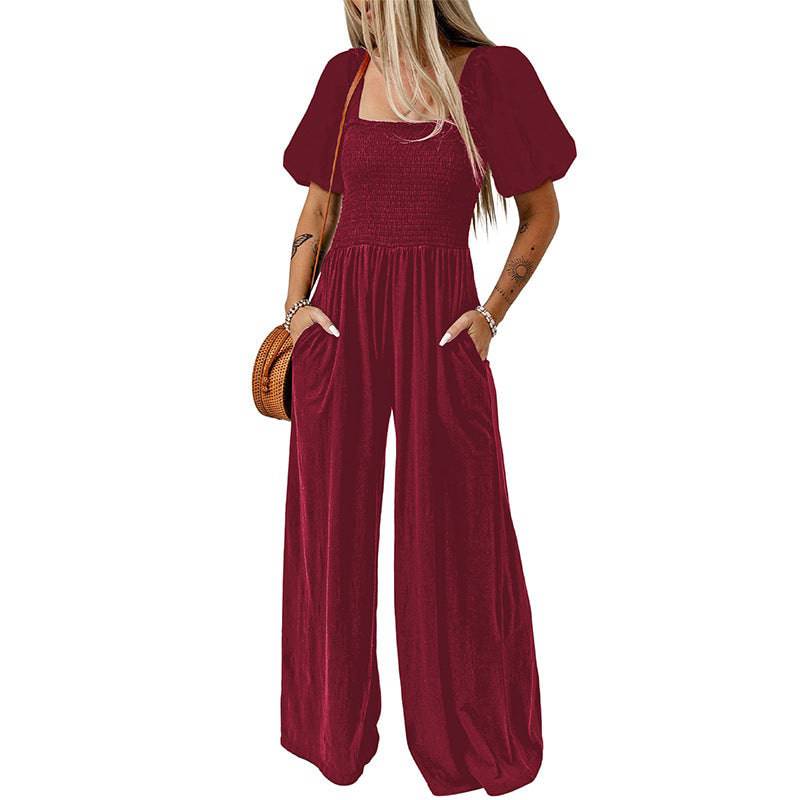 Women's Square Collar Short Sleeve Jumpsuit - Clothing Personality