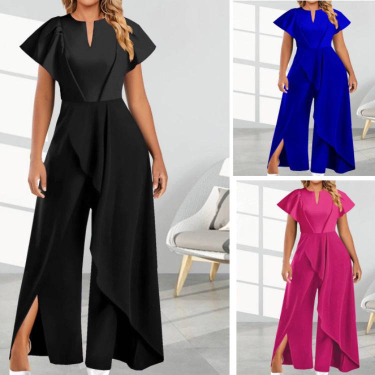 Women's V-neck Split Leg Asymmetrical Flowy Wide-leg Jumpsuit Romper