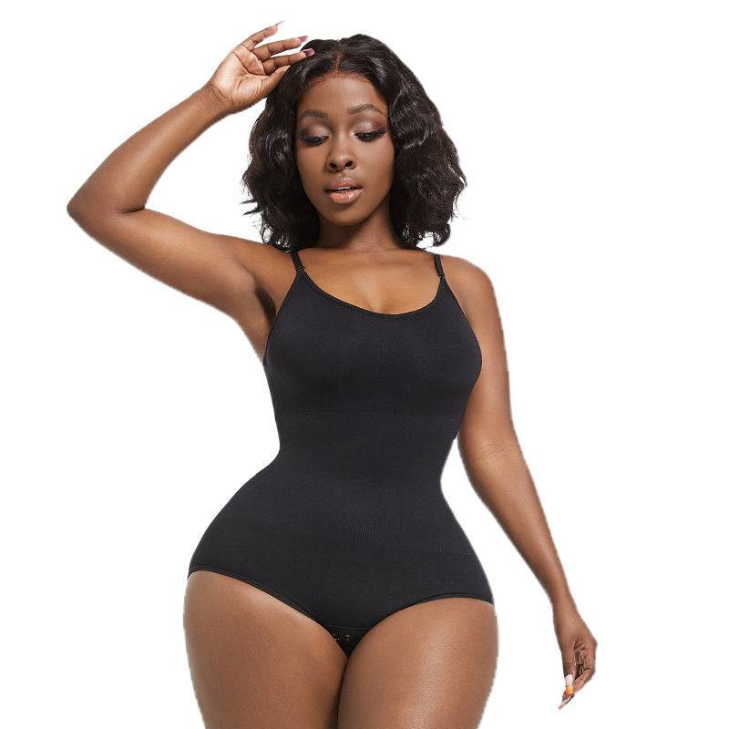 Black body shaping bodysuit with adjustable straps and seamless design