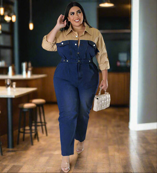 Model wearing a trendy long sleeve jumpsuit for plus-size women in a casual setting