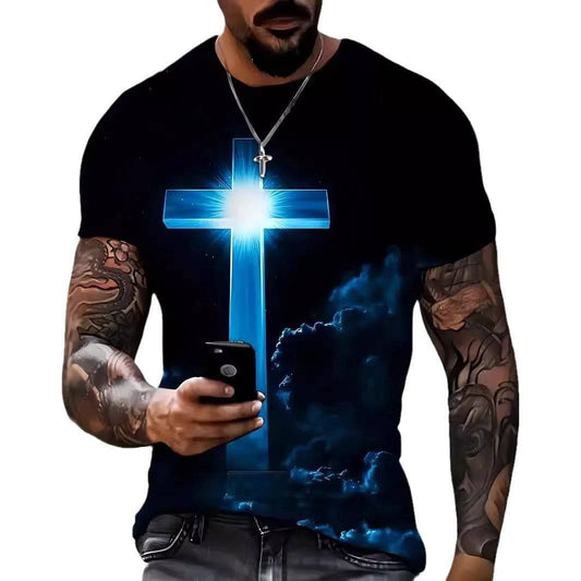 Men's Cross 3D Digital Printing Loose Casual Short Sleeve - Clothing Personality