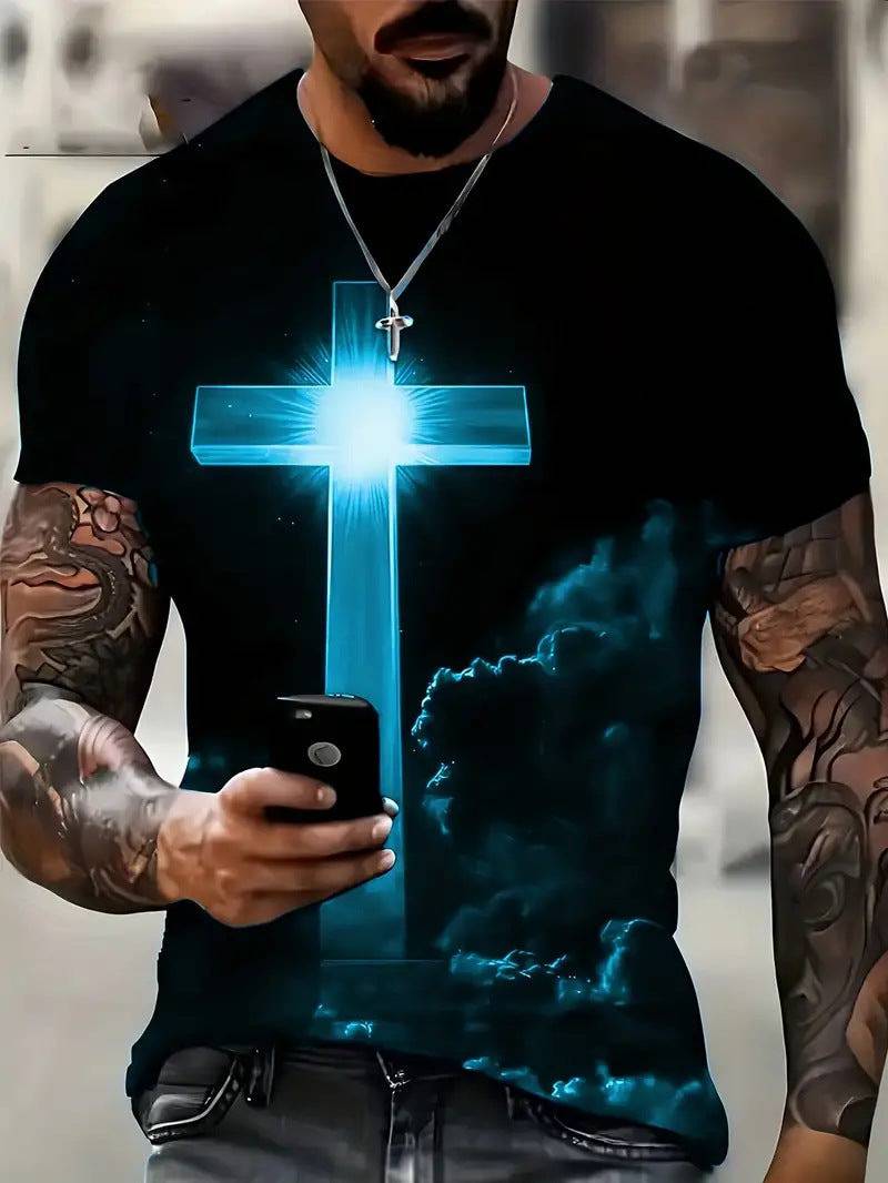 Men's Cross 3D Digital Printing Loose Casual Short Sleeve - Clothing Personality