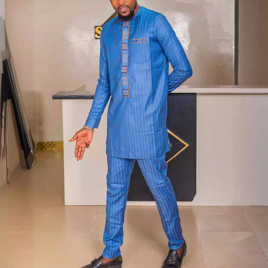 Men's African Middle Eastern Traditional Abaya Kaftan Embroidered Long Sleeve Top Muslim And Pants Suit Style - Clothing Personality