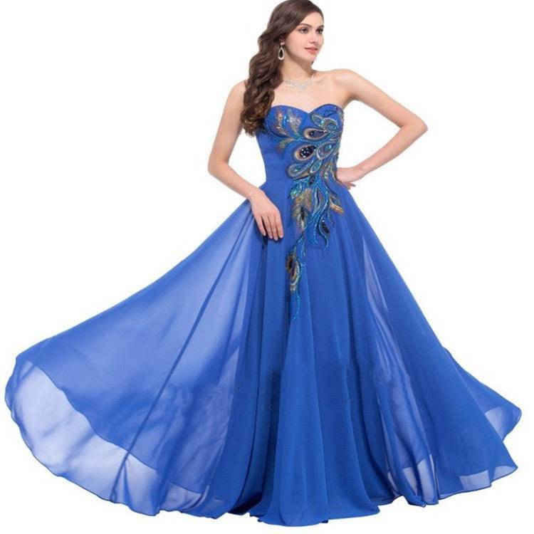 Women's Embroidered Peacock Print Dress Gown - Clothing Personality