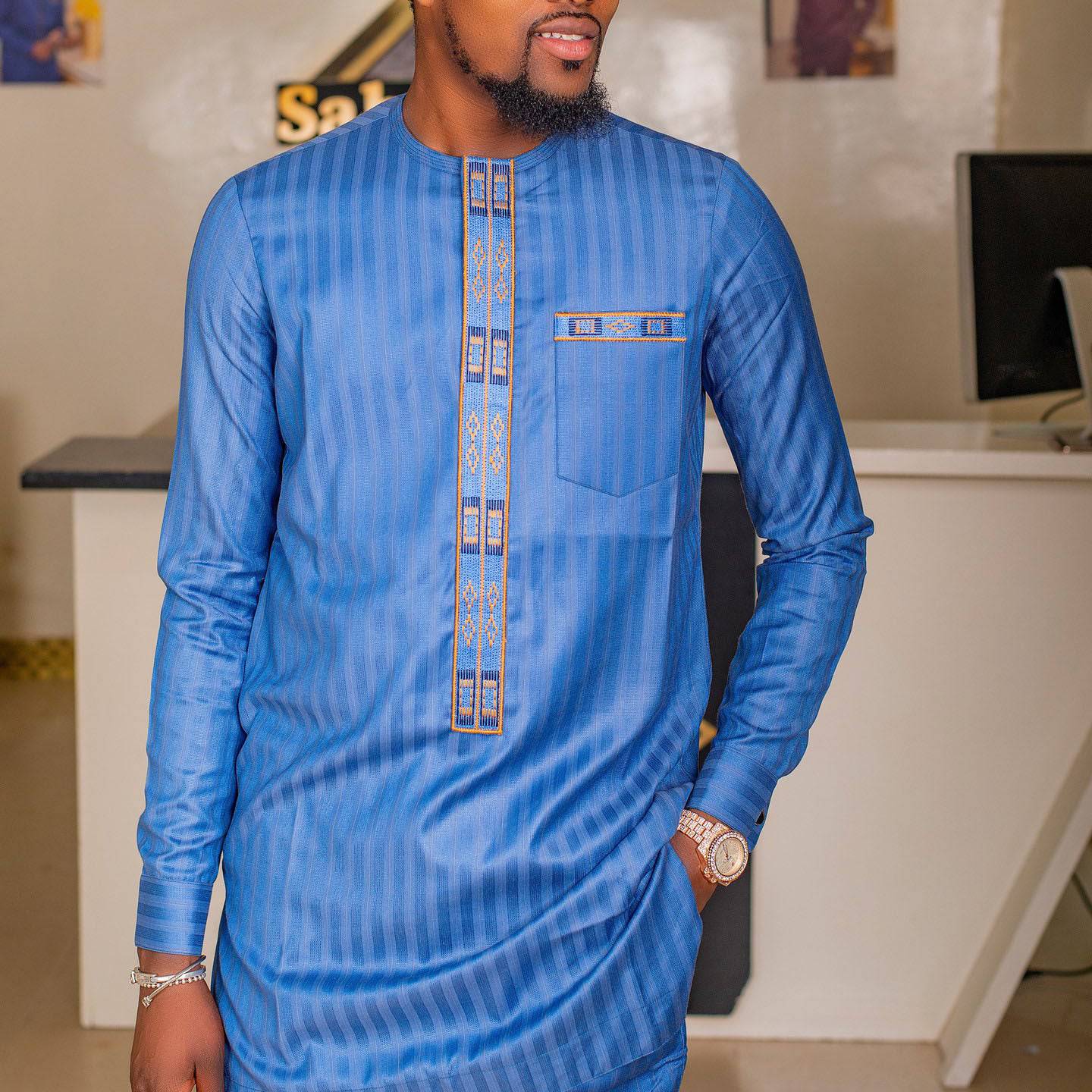 Men's African Middle Eastern Traditional Abaya Kaftan Embroidered Long Sleeve Top Muslim And Pants Suit Style - Clothing Personality
