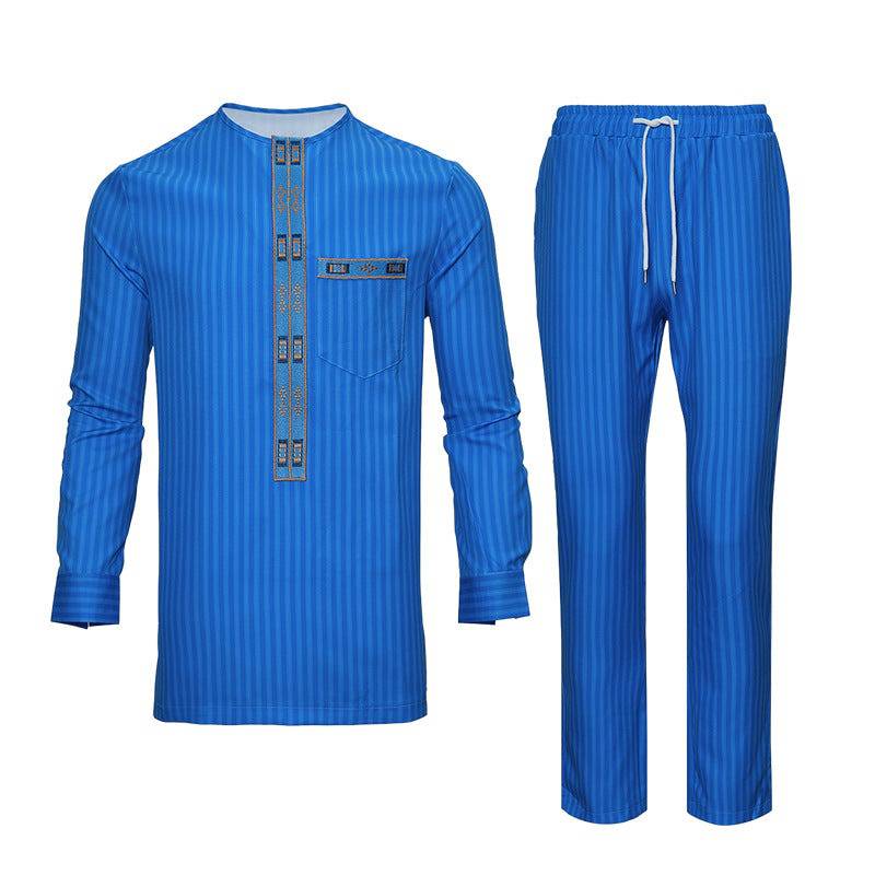 Men's African Middle Eastern Traditional Abaya Kaftan Embroidered Long Sleeve Top Muslim And Pants Suit Style - Clothing Personality
