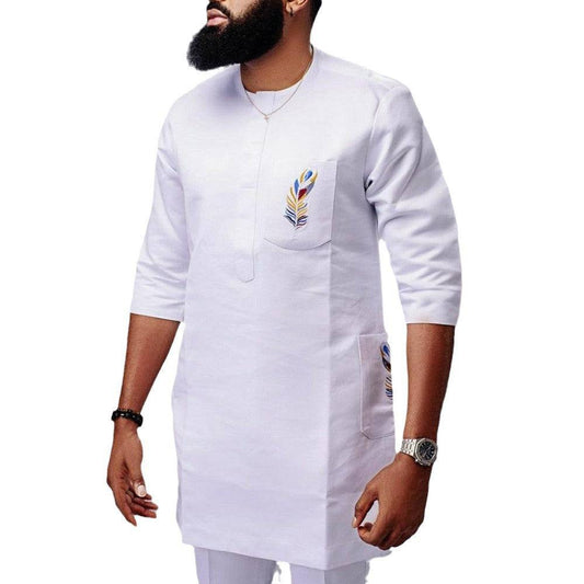 Men's Tall Crew Neck Embroidered Pockets African Dashiki Solid Color Short Sleeve Shirt with Matching Chino Shorts Set Loose Fit Men's Suit Clothing Personality