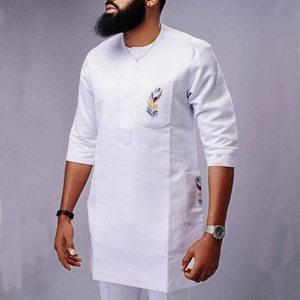 Men's Tall Crew Neck Embroidered Pockets African Dashiki Solid Color Short Sleeve Shirt with Matching Chino Shorts Set Loose Fit Men's Suit Clothing Personality