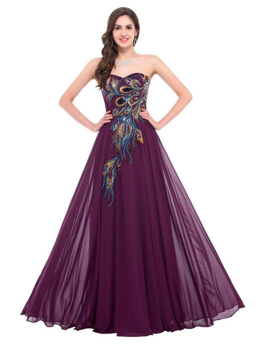 Women's Embroidered Peacock Print Dress Gown - Clothing Personality