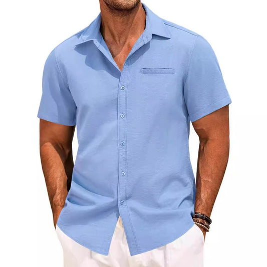 Polo Collar Solid Color Short Sleeve Button Shirt - Clothing Personality