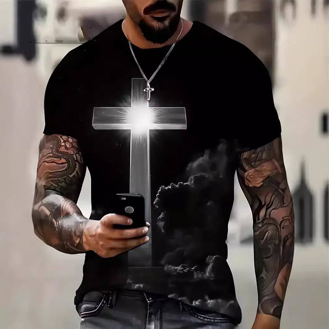 Men's Cross 3D Digital Printing Loose Casual Short Sleeve - Clothing Personality