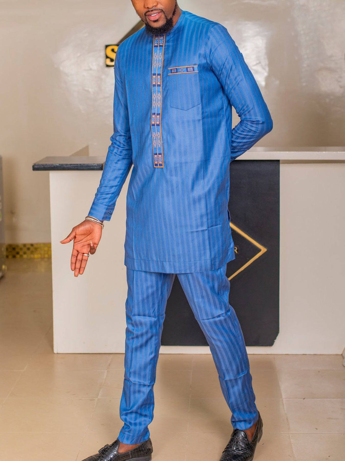 Men's African Middle Eastern Traditional Abaya Kaftan Embroidered Long Sleeve Top Muslim And Pants Suit Style - Clothing Personality