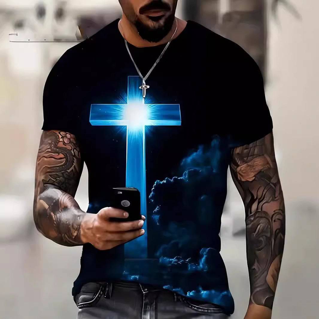 Men's Cross 3D Digital Printing Loose Casual Short Sleeve - Clothing Personality