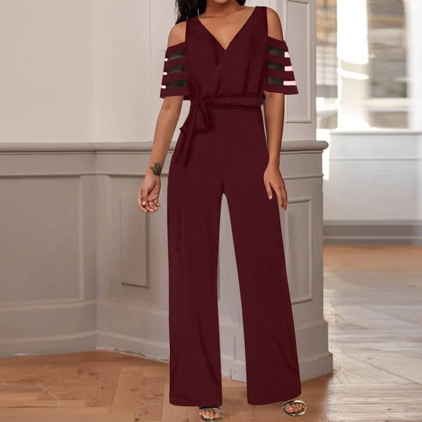 One-Piece Off Shoulder Wide-Leg Jumpsuit Wine Red