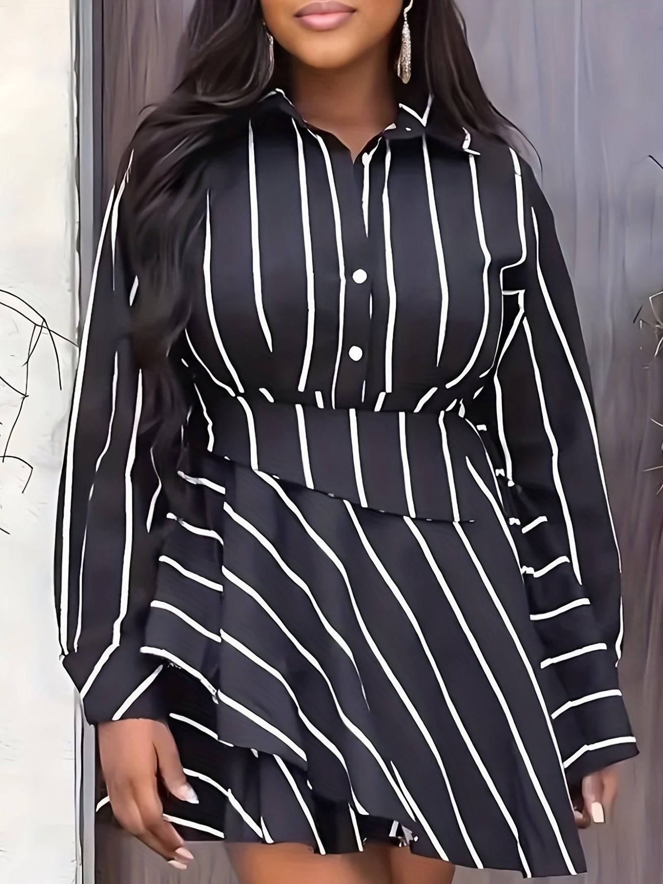 Plus Size Black White Striped Asymmetrical Top