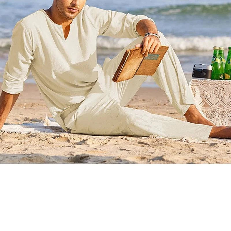 Men's Spring Summer Clothes Solid Color Long Sleeve Henley Shirt Elastic Waist Drawstring Pants 2 Pieces Loungewear Set - Clothing Personality