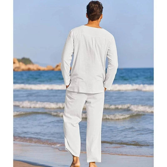 Men's Spring Summer Clothes Solid Color Long Sleeve Henley Shirt Elastic Waist Drawstring Pants 2 Pieces Loungewear Set Back View