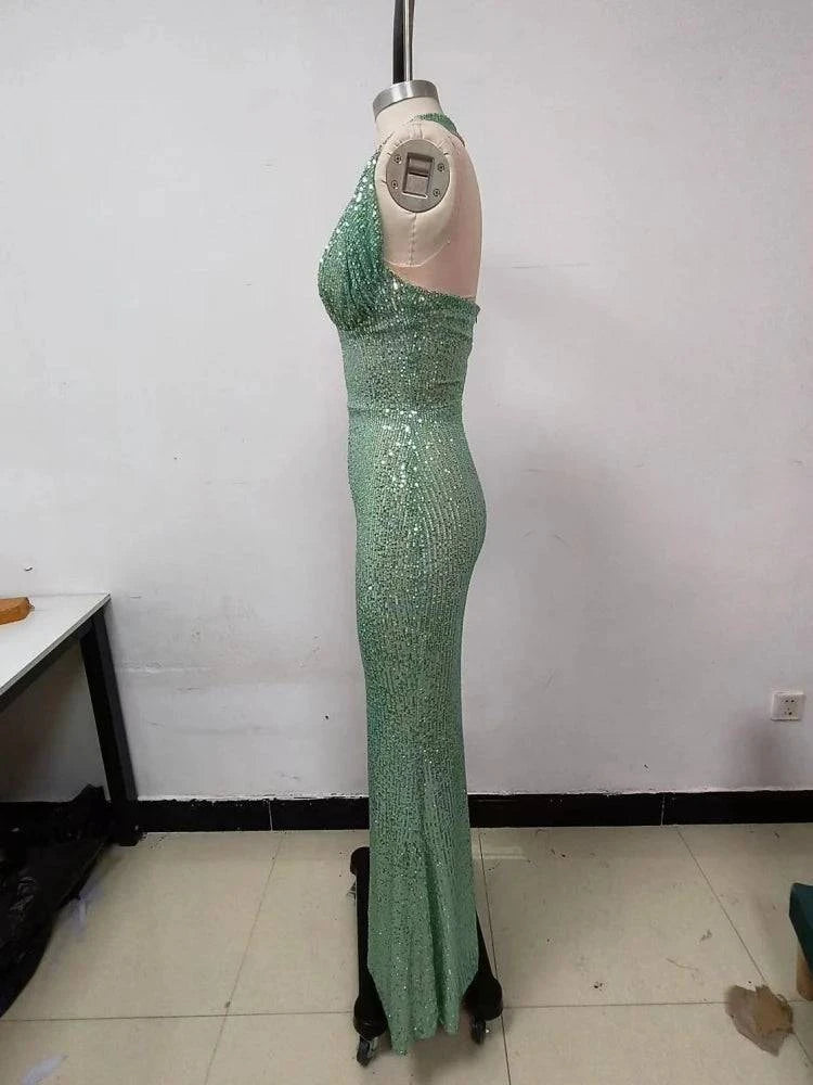 Sexy Halter Deep V Neck Sequins Maxi Dress Women Green Sleeveless Backless Sequined Slim Long Dresses Celebrity Party Gowns - Clothing Personality