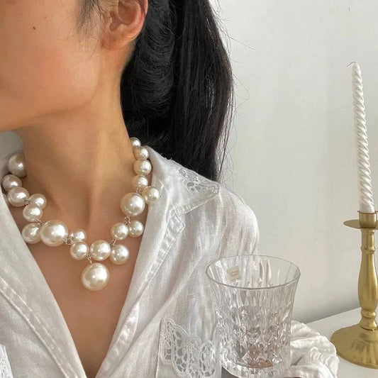 Vintage Hyperbole Bead Pearls Necklace Collarbone Chain Women's Elegant Pendant Necklace Bride Jewelry - Clothing Personality