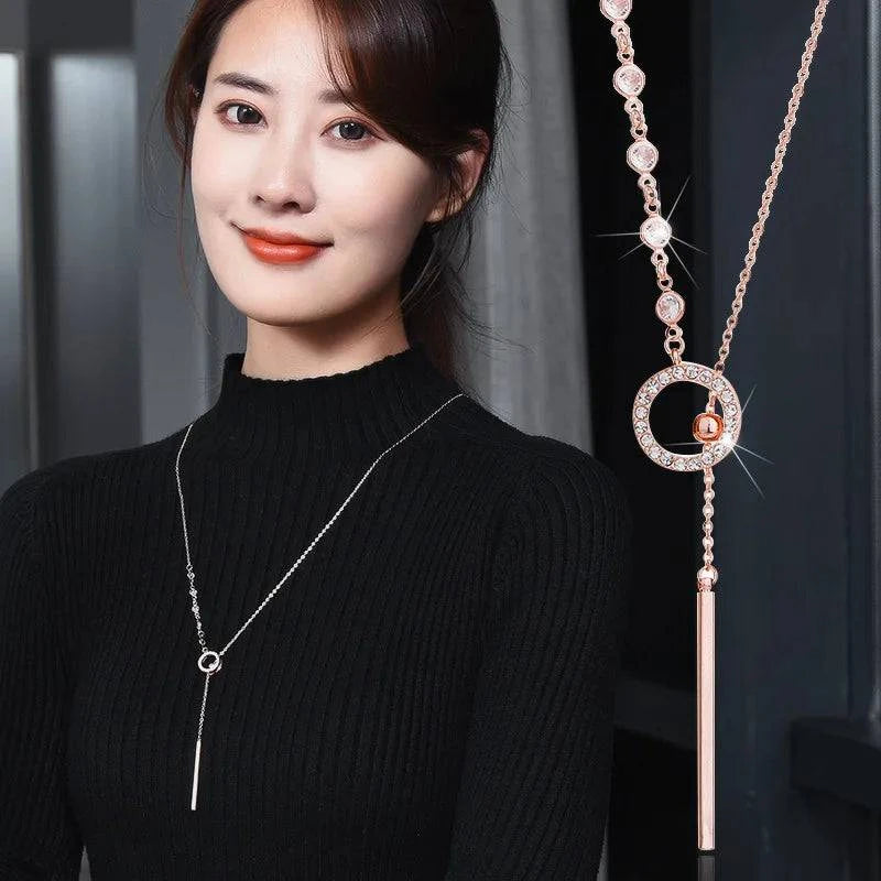 Women's Fashion Y Chain Pendant Necklaces Shiny Micro Crystal Round Circle Drop Female Trendy Necklace Accessories - Clothing Personality