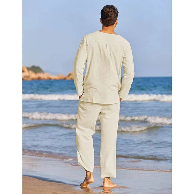 Men's Spring Summer Clothes Solid Color Long Sleeve Henley Shirt Elastic Waist Drawstring Pants 2 Pieces Loungewear Set - Clothing Personality