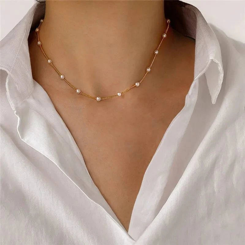New Beads Women's Neck Chain Kpop Pearl Choker Necklace Gold Color Goth Chocker Jewelry On The Neck Pendant 2024 Collar For Girl - Clothing Personality