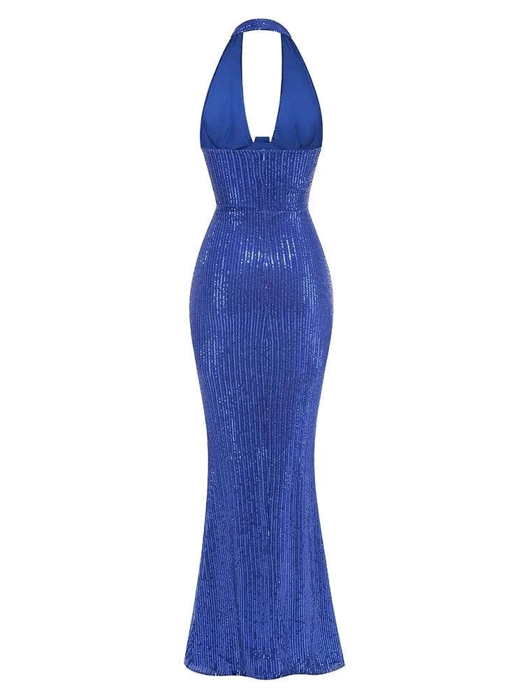 Sexy Halter Deep V Neck Sequins Maxi Dress Women Green Sleeveless Backless Sequined Slim Long Dresses Celebrity Party Gowns - Clothing Personality