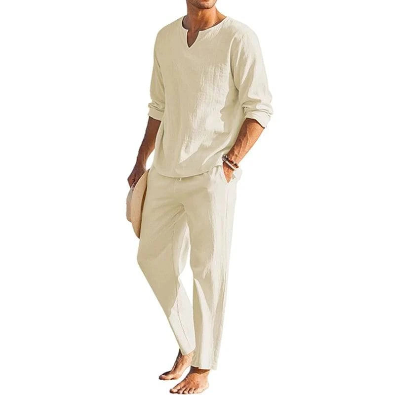 Men's Spring Summer Clothes Solid Color Long Sleeve Henley Shirt Elastic Waist Drawstring Pants 2 Pieces Loungewear Set Pastel Yellow Pale
