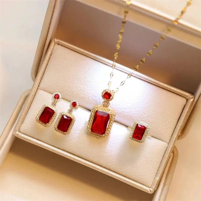 Women's Fashion Cubic Zirconia Necklace Earrings Ring Jewelry Set Girls Anniversary Wedding Valentine's Day Perfect Gift - Clothing Personality