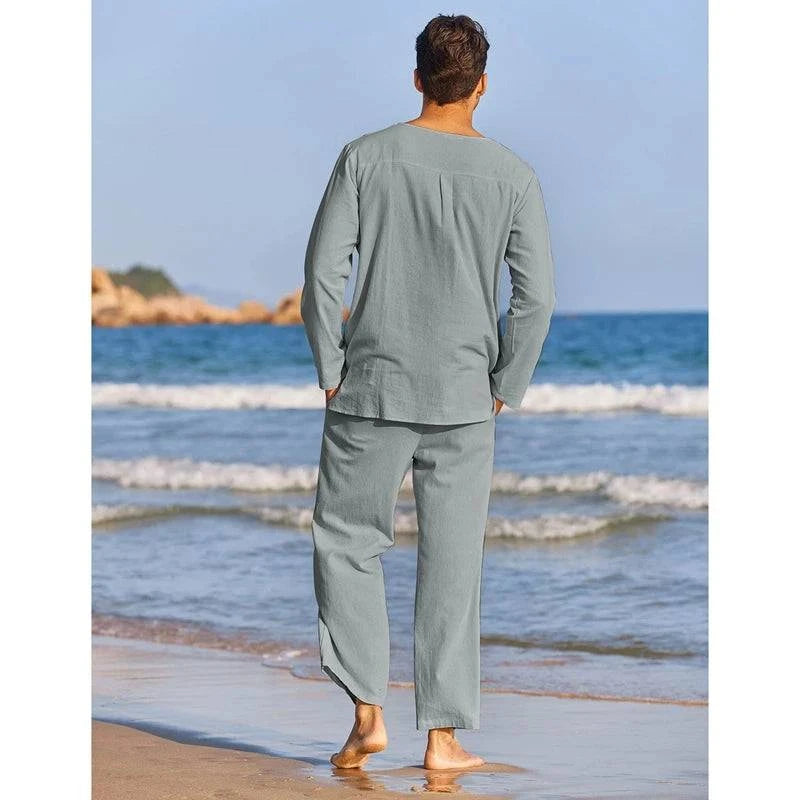 Men's Spring Summer Clothes Solid Color Long Sleeve Henley Shirt Elastic Waist Drawstring Pants 2 Pieces Loungewear Set Blue Gray