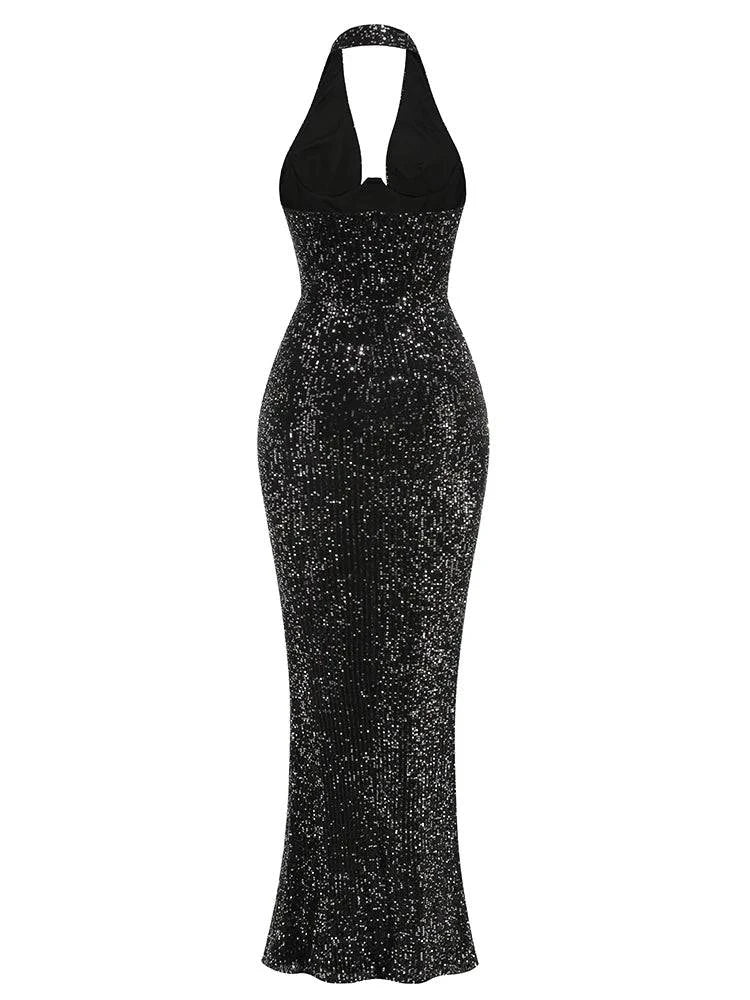 Sexy Halter Deep V Neck Sequins Maxi Dress Women Green Sleeveless Backless Sequined Slim Long Dresses Celebrity Party Gowns - Clothing Personality