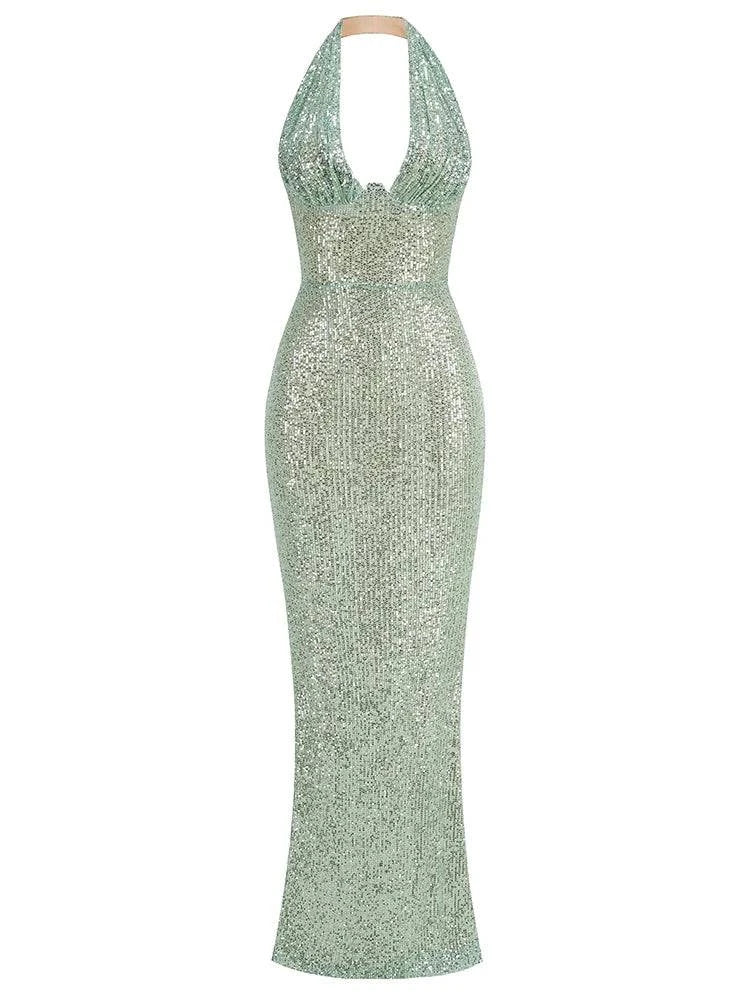 Sexy Halter Deep V Neck Sequins Maxi Dress Women Green Sleeveless Backless Sequined Slim Long Dresses Celebrity Party Gowns - Clothing Personality