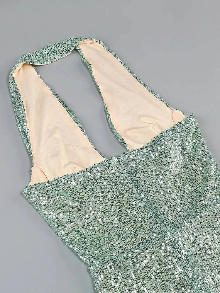 Sexy Halter Deep V Neck Sequins Maxi Dress Women Green Sleeveless Backless Sequined Slim Long Dresses Celebrity Party Gowns - Clothing Personality