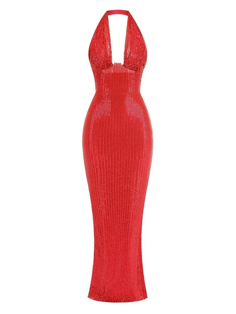 Sexy Halter Deep V Neck Sequins Maxi Dress Women Green Sleeveless Backless Sequined Slim Long Dresses Celebrity Party Gowns - Clothing Personality