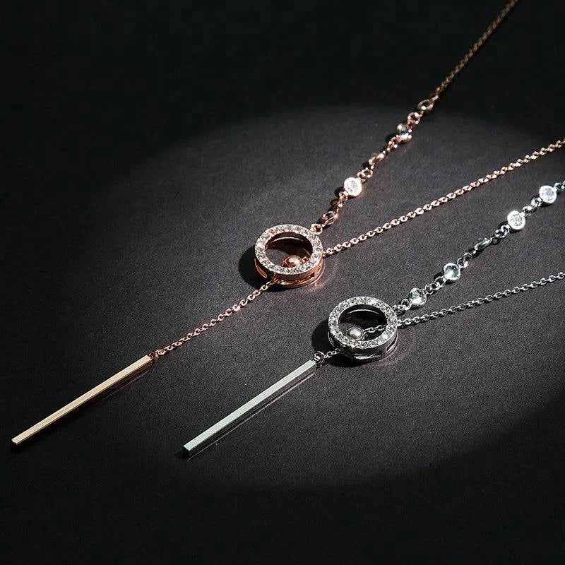 Women's Fashion Y Chain Pendant Necklaces Shiny Micro Crystal Round Circle Drop Female Trendy Necklace Accessories - Clothing Personality