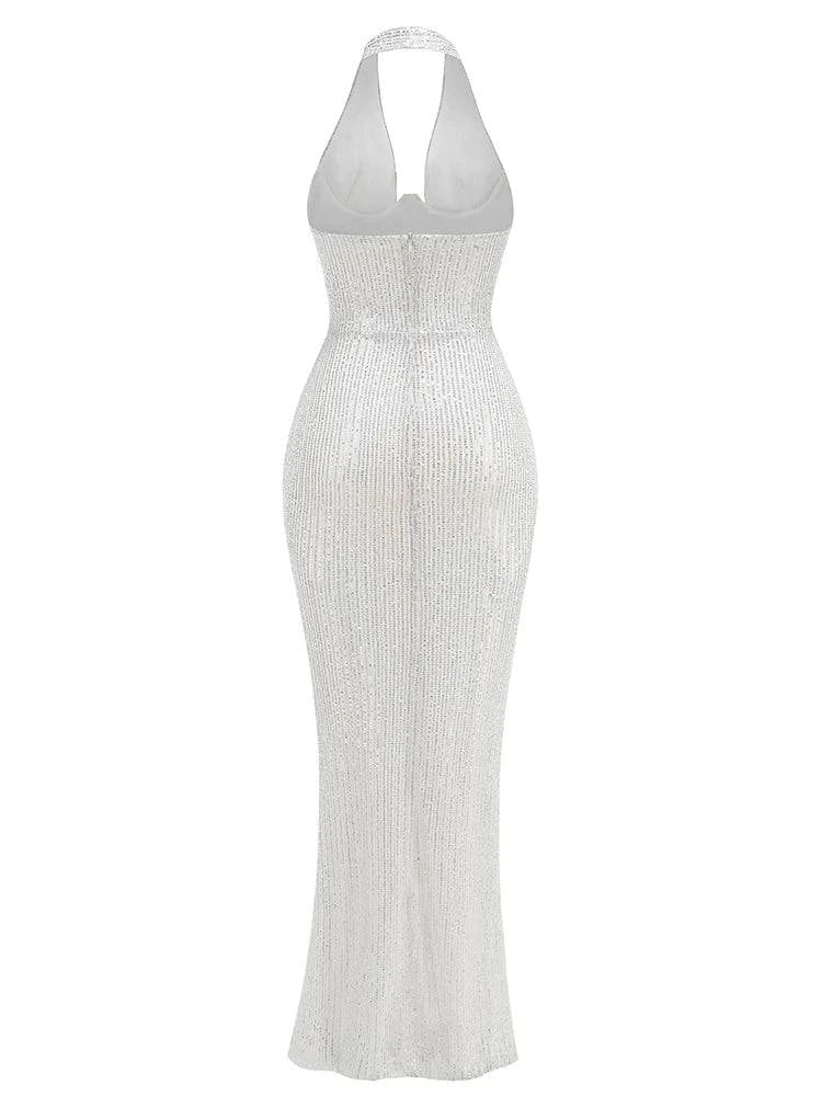 Sexy Halter Deep V Neck Sequins Maxi Dress Women Green Sleeveless Backless Sequined Slim Long Dresses Celebrity Party Gowns - Clothing Personality