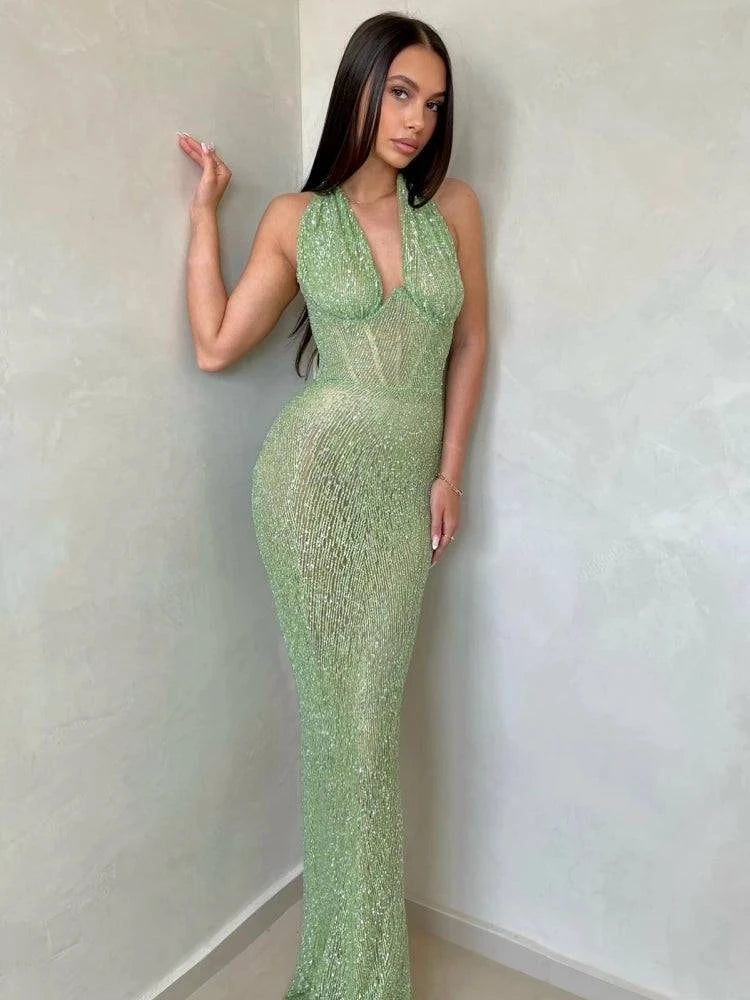 Sexy Halter Deep V Neck Sequins Maxi Dress Women Green Sleeveless Backless Sequined Slim Long Dresses Celebrity Party Gowns - Clothing Personality