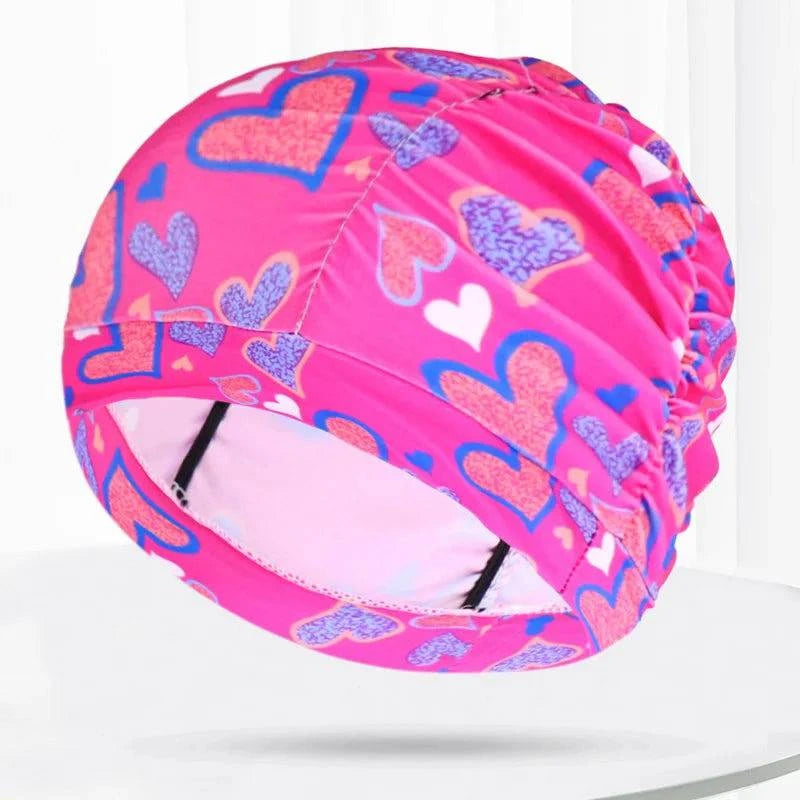 Women Fabric Swim Caps Swimming Pool Water Sports Bathing Pleated Cap Hat Long Hair Nylon Turban Elastic Adults Flowers Printed - Clothing Personality